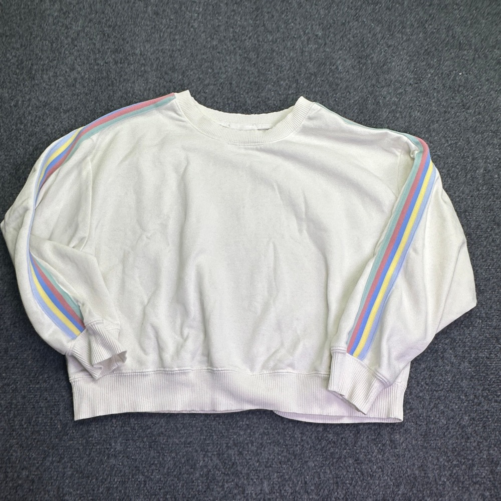 Olive + Oak Sweatshirt White Rainbow Stripe Sleeve Retro‎ Sporty Y2K Athleisure